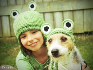 Handmade crocheted Frog hats for kids and your family dog