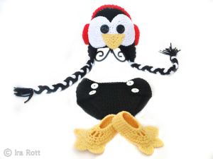 Handmade crocheted baby penguin hat, diaper cover and slippers set. 