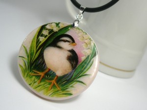 Easter theme black and white chick and may-lilies necklace