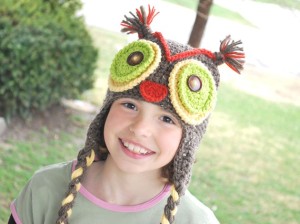 Handmade Crocheted Owl Hat with Green Eyes