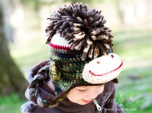 Handmade Crochet Camo Sock Monkey Hat with Mohawk for Boys or Girls
