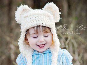 Dream Cloud Teddy Bear Hat With Fuzzy Ears and Earflaps for Newborn to Adult sizes.